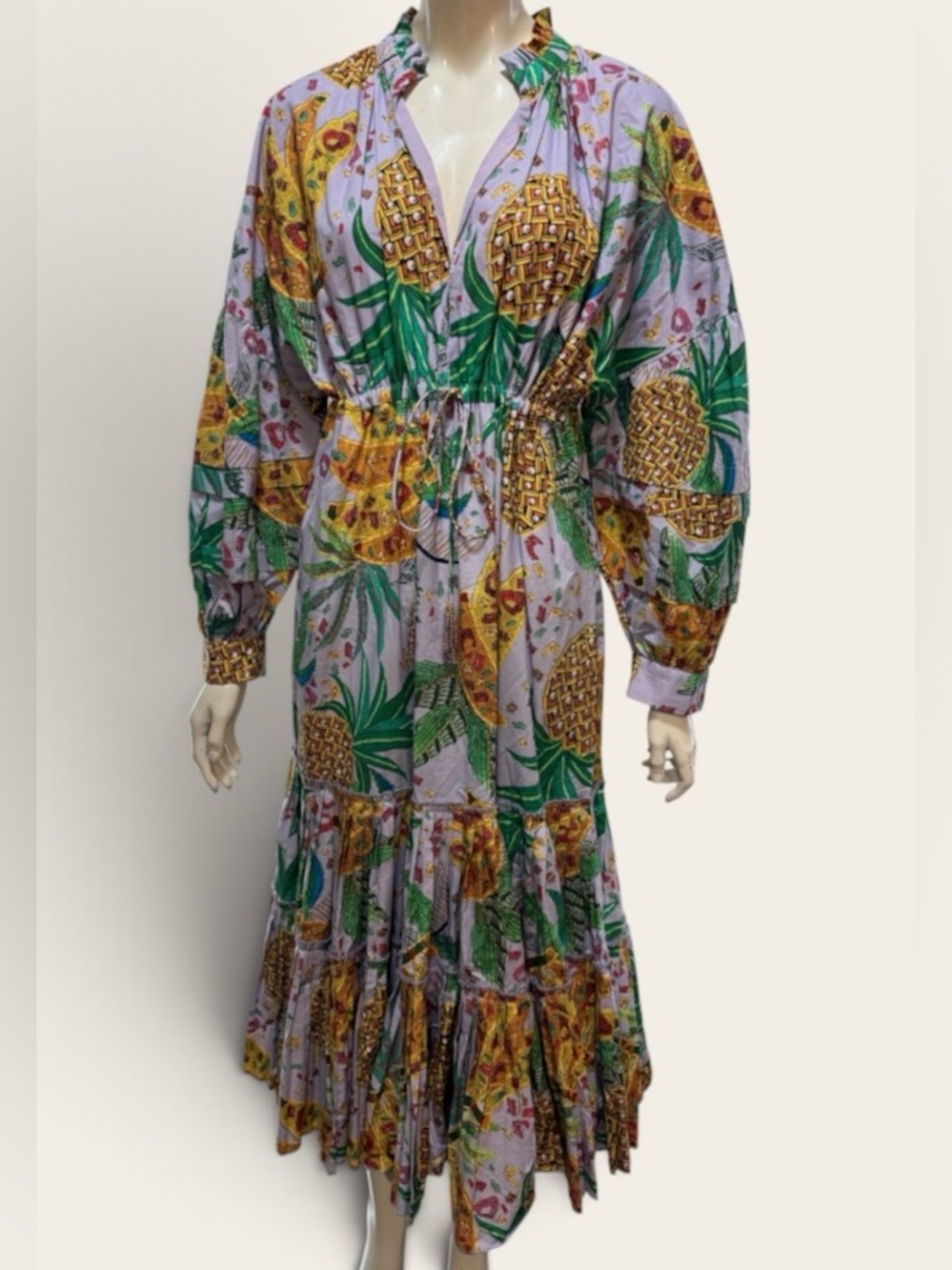 Farm Rio Cotton Pineapple Print Tiered Midi Dress - Lavender & Green SZ Small A4